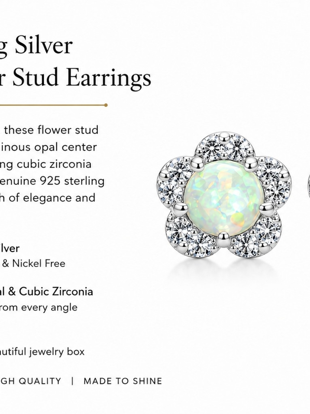 Sterling Silver 925 Opal Flower Stud Earrings - White Opal - Picture 1 of 2
